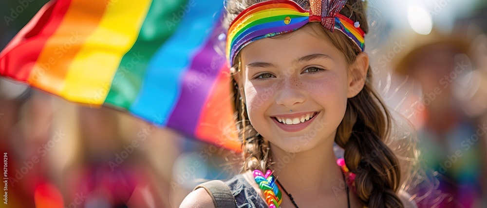 smiling young girl with a rainbow flag at a gay pride march smiling young girl with a rainbow flag at a gay pride march