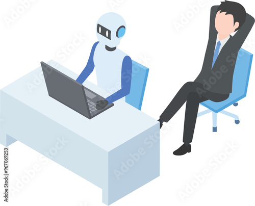 ロボットに仕事をまかせて楽をしているスーツの男性