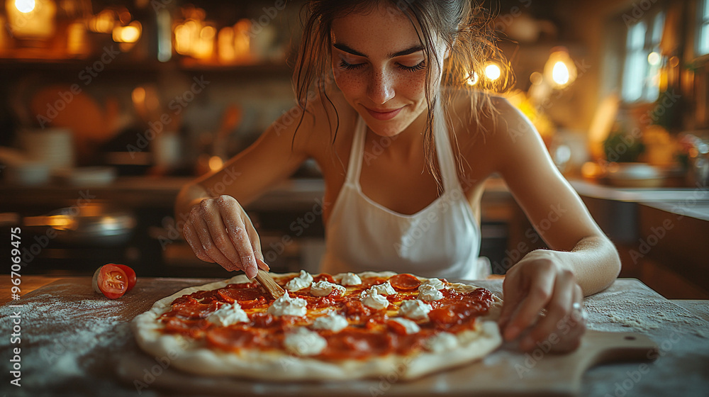 A passionate chef preparing a delicious homemade pizza in a cozy kitchen, focusing on the details of her culinary creation. A passionate chef preparing a delicious homemade pizza in a cozy kitchen, focusing on the details of her culinary creation.