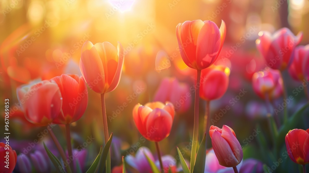Sunlit Blooming Tulips in a Vibrant Spring Garden at Sunset Sunlit Blooming Tulips in a Vibrant Spring Garden at Sunset
