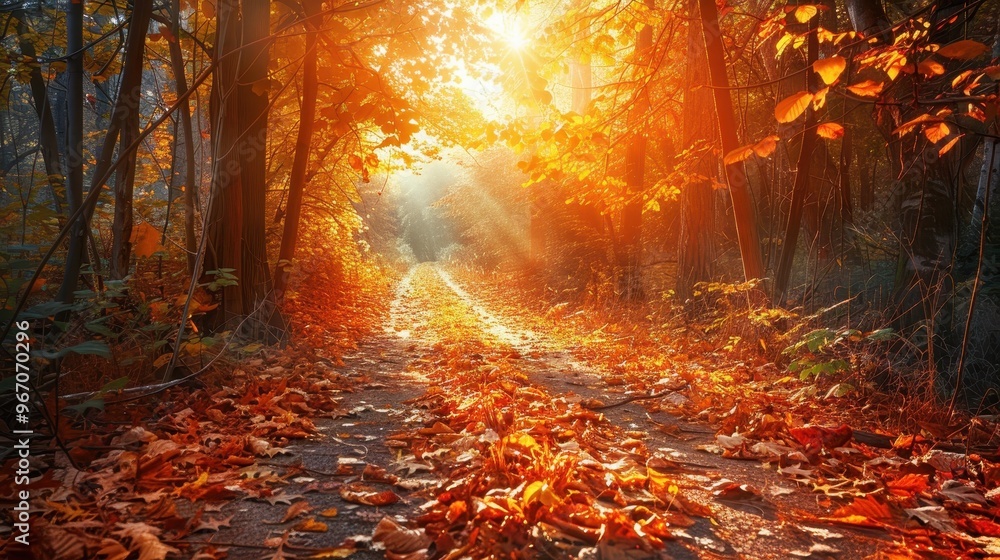 A path through a forest bathed in the warm light of the setting sun. The trees are ablaze with autumn colors, and the ground is covered in fallen leaves. A path through a forest bathed in the warm light of the setting sun. The trees are ablaze with autumn colors, and the ground is covered in fallen leaves.