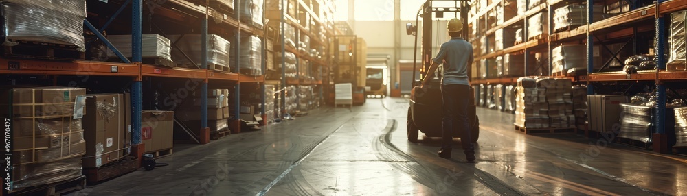 A person walks through an aisle in a warehouse. A person walks through an aisle in a warehouse.
