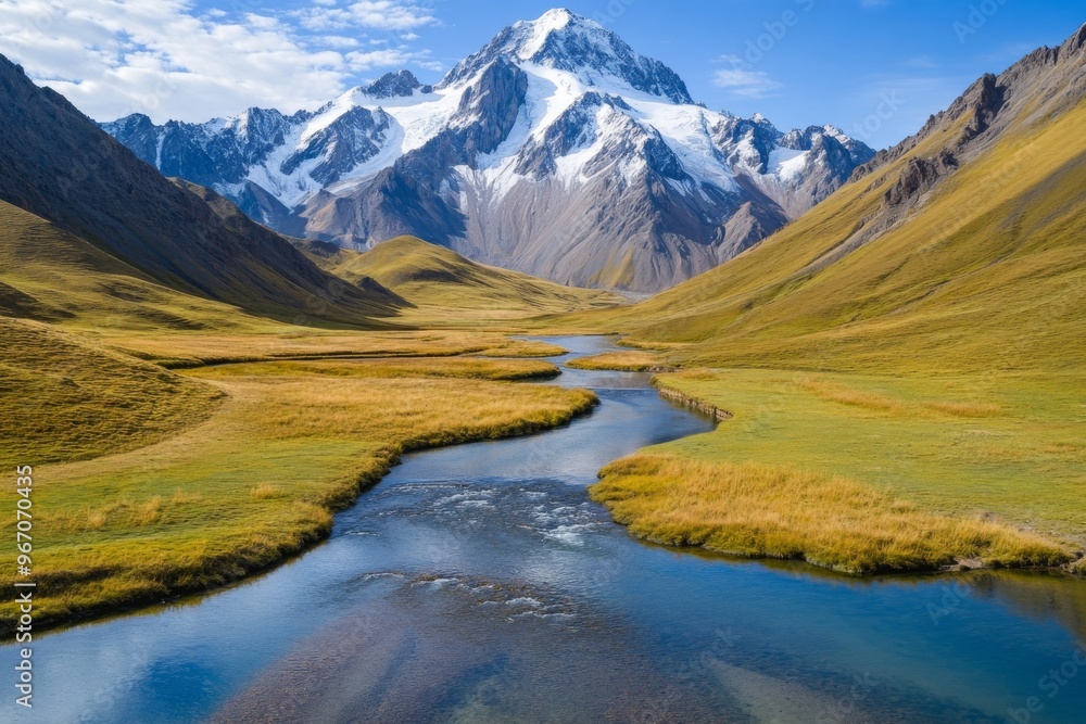 Serene Alpine River Flowing Through Majestic Mountain Valley Serene Alpine River Flowing Through Majestic Mountain Valley