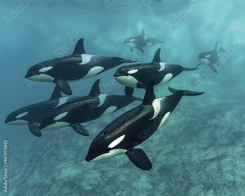 A pod of orcas swim together in a clear blue ocean. The orcas are black and white and have sleek, powerful bodies.