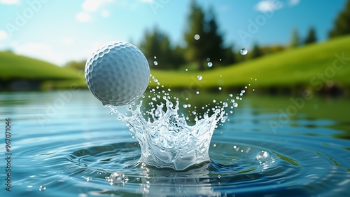 Golf Ball Splashing on Water - Tranquil Landscape Background, A golf ball is struck by a club. sending water droplets splashing into the air against a serene backdrop of trees and a calm body of water