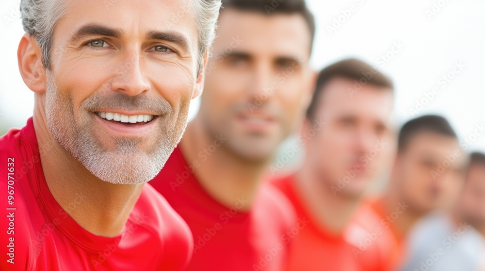 Confident Mature Man with Friends in Casual Sportswear Outdoors Confident Mature Man with Friends in Casual Sportswear Outdoors