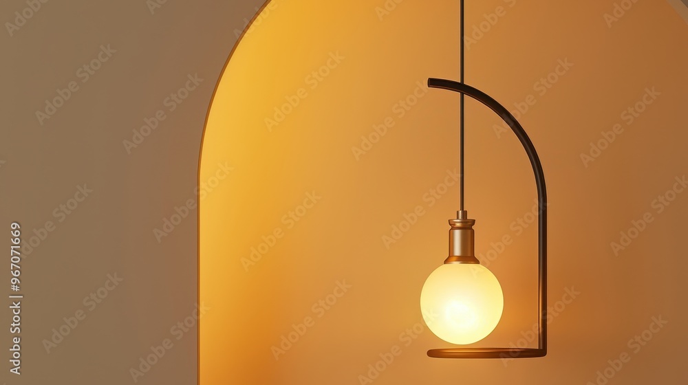 A single light bulb hangs from a minimalist black metal fixture against a warm peach-colored wall. A single light bulb hangs from a minimalist black metal fixture against a warm peach-colored wall.