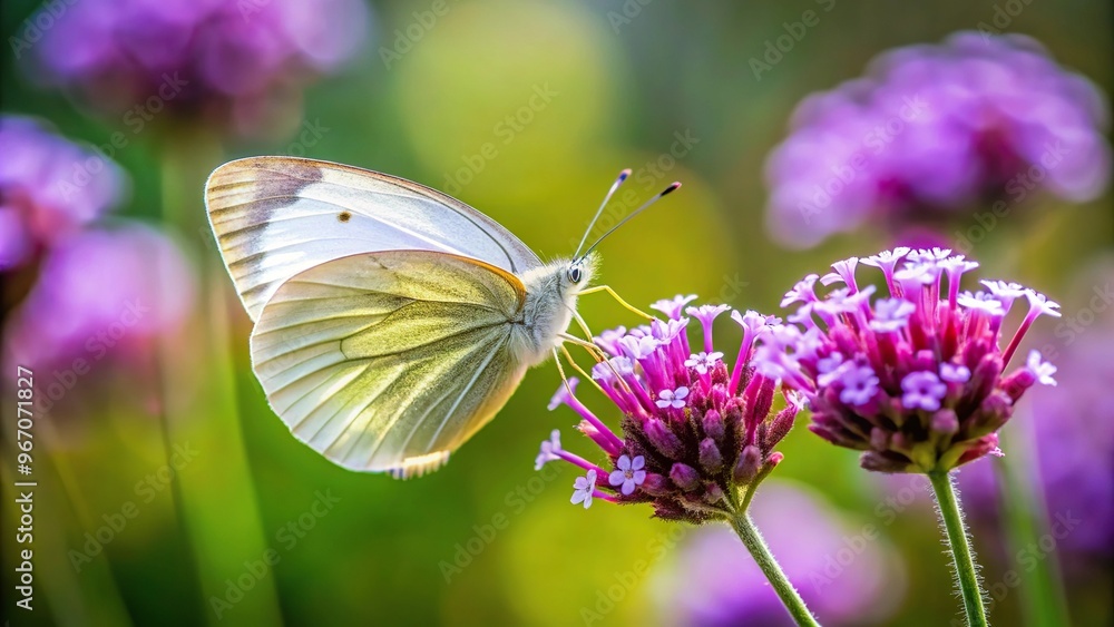 White butterfly on purple vervain flower in a wild garden White butterfly on purple vervain flower in a wild garden