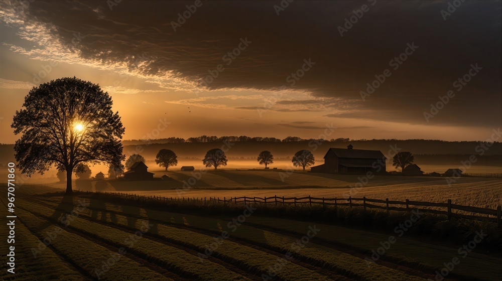 Fototapeta premium Generative AI, A serene sunset over a barn and farmland with a warm glow spreading across the fields and trees in the distance