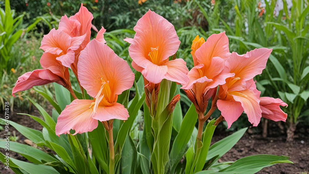 Canna lily or canna generalis bailey pink flower in the garden design. landscape background, Canna lily or canna generalis bailey pink flower in the garden design. landscape background,
