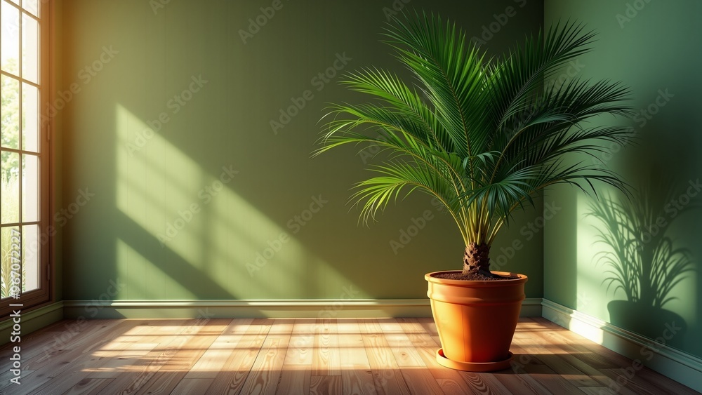 Potted Palm Plant in Sunlit Corner, A single potted palm plant thrives in a sun-drenched corner of a cozy room with green walls and wooden flooring. Warm sunlight streams through a window. Potted Palm Plant in Sunlit Corner, A single potted palm plant thrives in a sun-drenched corner of a cozy room with green walls and wooden flooring. Warm sunlight streams through a window.