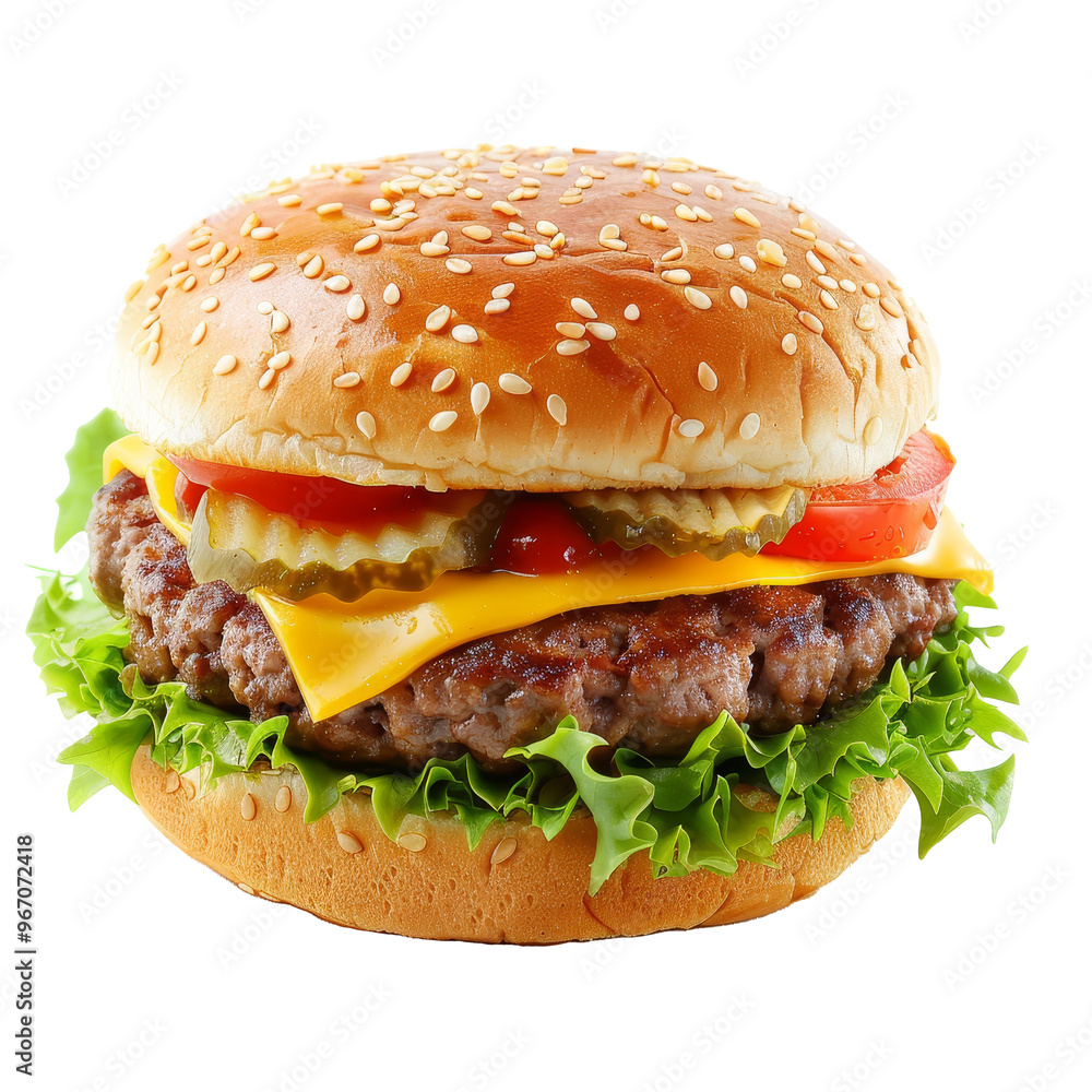 Delicious cheeseburger with lettuce, tomato, pickles, and a sesame seed bun served on a transparent background