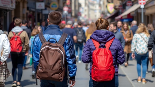 Urban Rush Hour Crowd, A bustling city street scene captured from behind a moving crowd. Vibrant reds and blues stand out against the muted urban backdrop. Ideal for conveying energy, city life.