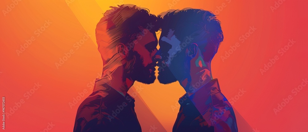 Artistic illustration of gay couple with face to face embracing Artistic illustration of gay couple with face to face embracing