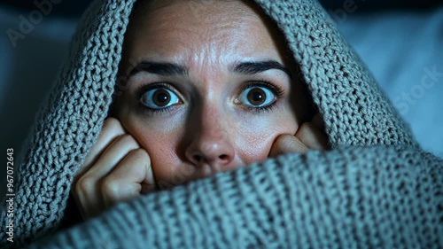 A frightened woman bundled in a grey blanket, wide-eyed with fear, captures the essence of horror and Halloween