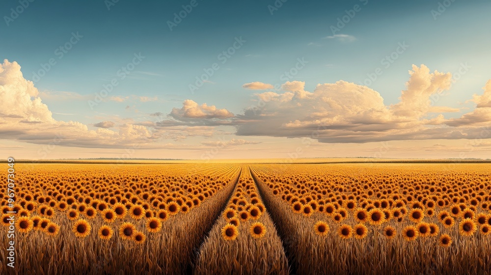 Obraz premium Vast sunflower field under a serene sky, showcasing vibrant sunflowers reaching for the sun, capturing nature's beauty.