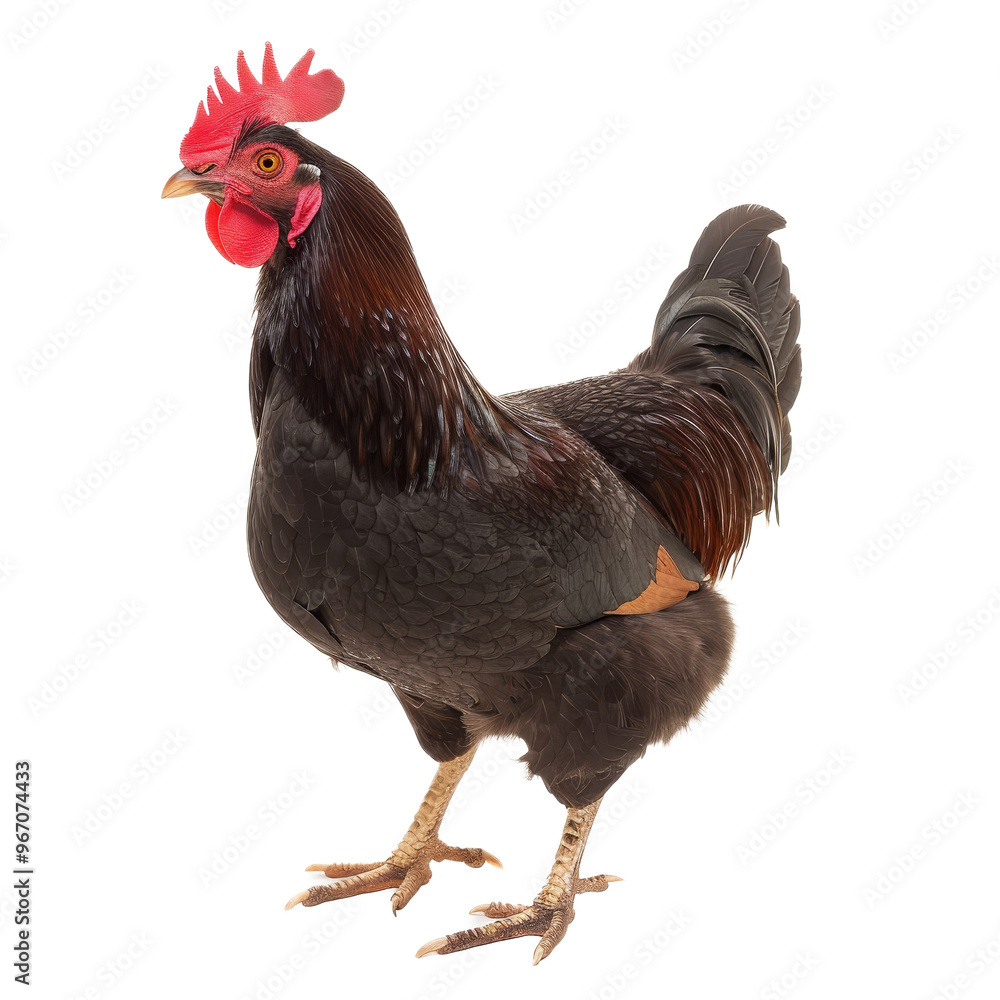 Fototapeta premium A robust black rooster standing proudly with vibrant plumage against a plain background in a well-lit setting