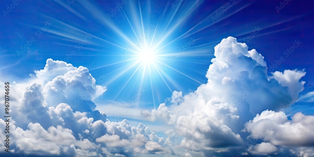 White fluffy clouds and sun shining in blue sky at tilted angle White fluffy clouds and sun shining in blue sky at tilted angle