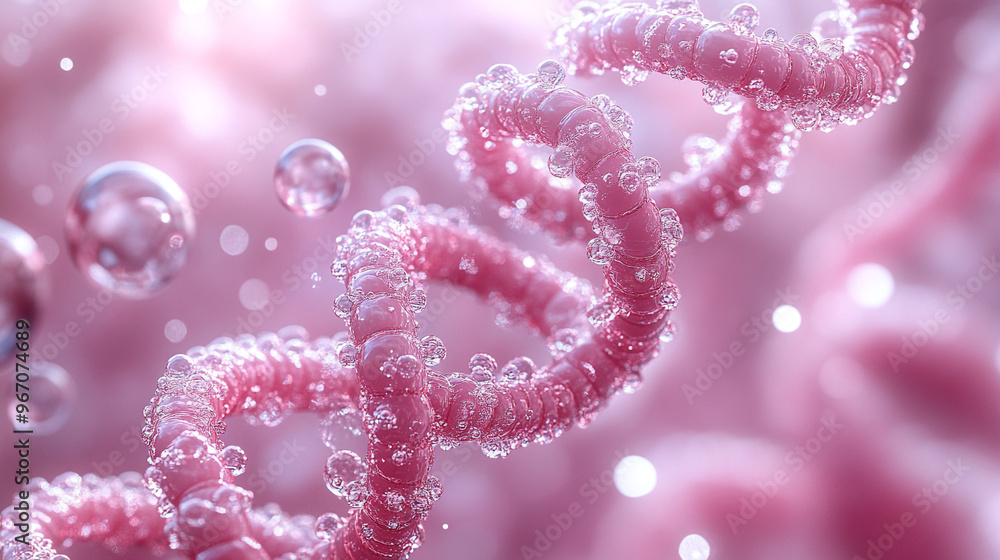 Abstract representation of DNA strands with bubbles, featuring vibrant pink tones and a soft, dreamy background. Ideal for science themes. Abstract representation of DNA strands with bubbles, featuring vibrant pink tones and a soft, dreamy background. Ideal for science themes.