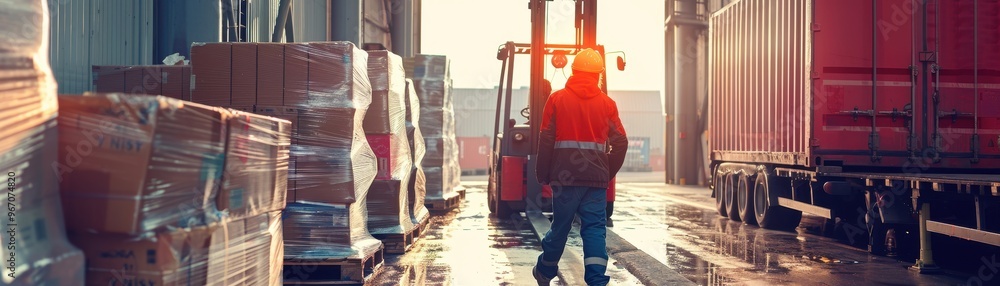 Naklejka premium A worker operating a forklift in a warehouse.