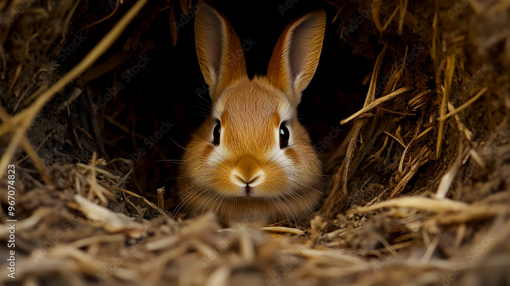 Fototapeta premium cute rabbit peeking out from its cozy burrow, its soft fur and twitching nose barely visible in the shadows