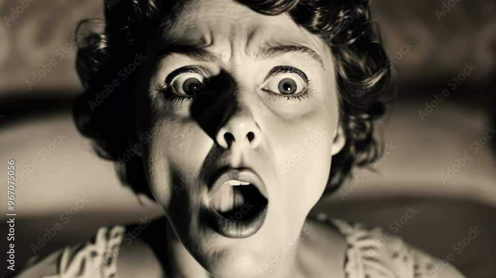 A distressed woman with a shocked expression in vintage black-and-white, perfect for Halloween or classic horror film concepts