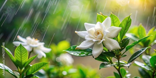 White gardenia flowers or Wrightia antidysenterica blooming under the rain photo