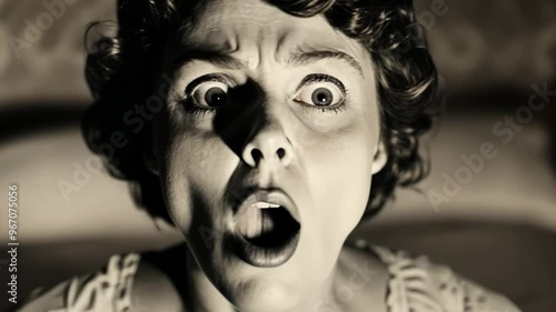 A distressed woman with a shocked expression in vintage black-and-white, perfect for Halloween or classic horror film concepts