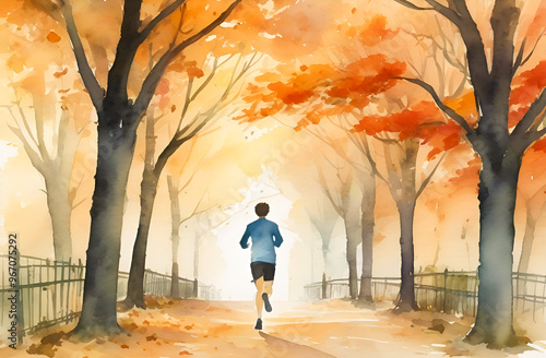 Watercolor drawing of a man doing a jog in an autumn park