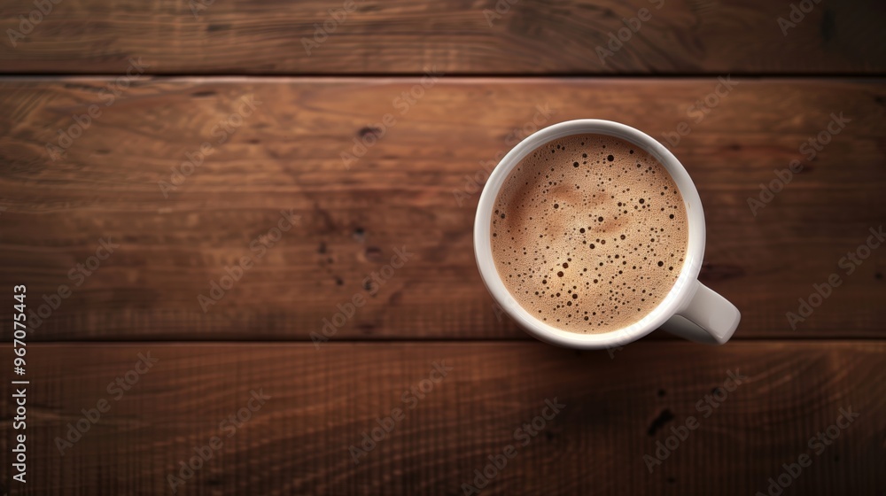 Top View of a Hot Cup of Coffee on Rustic Wooden Table - Cozy Morning Beverage Top View of a Hot Cup of Coffee on Rustic Wooden Table - Cozy Morning Beverage