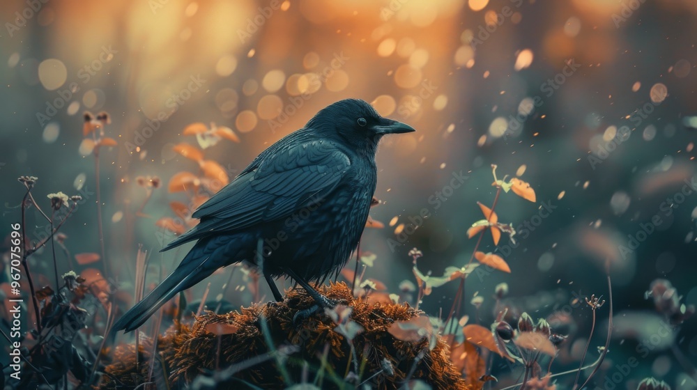 A solitary blackbird perches on a mossy mound, surrounded by soft bokeh and gentle autumn light, creating a tranquil scene.. A solitary blackbird perches on a mossy mound, surrounded by soft bokeh and gentle autumn light, creating a tranquil scene..