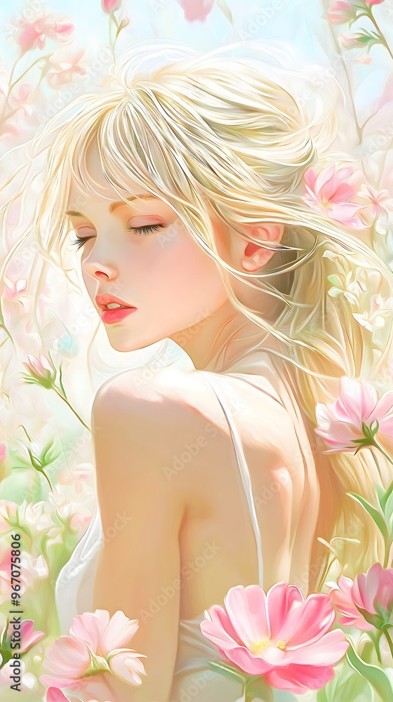 Romantic beauty wallpaper featuring a beautiful woman in a floral painting Romantic beauty wallpaper featuring a beautiful woman in a floral painting