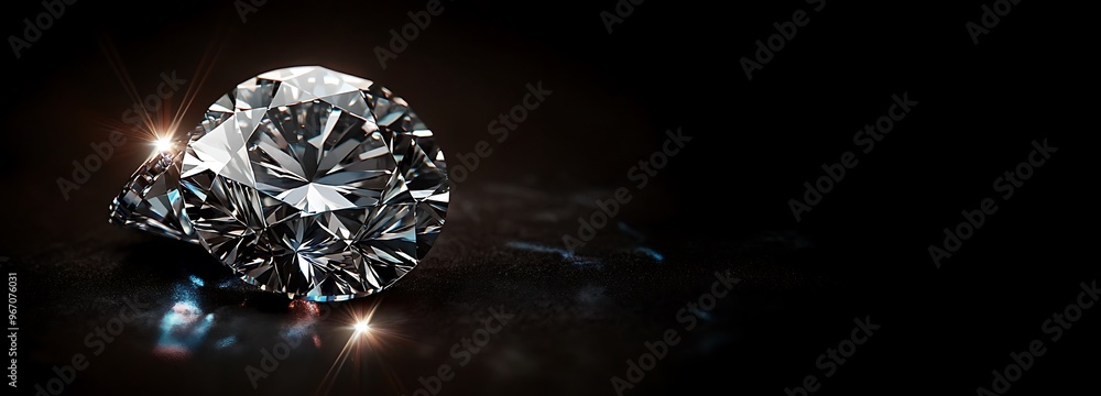 Fototapeta premium Round cut diamond on black dark glossy background