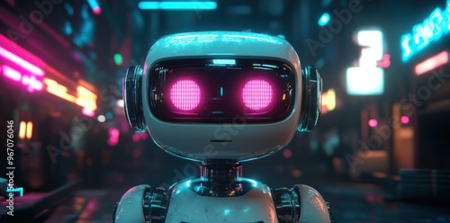 Futuristic Robot with Pink Eyes in a Neon-Lit City