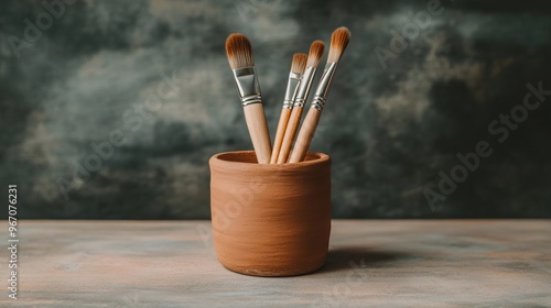 Four paintbrushes sit in a clay pot, showcasing an artistic and creative atmosphere.