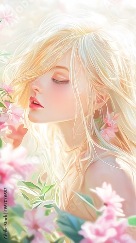 Romantic beauty wallpaper featuring a beautiful woman in a floral painting