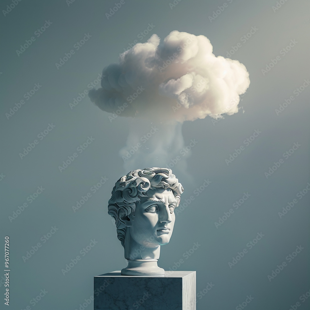 White plaster statue head of David with cloud White plaster statue head of David with cloud