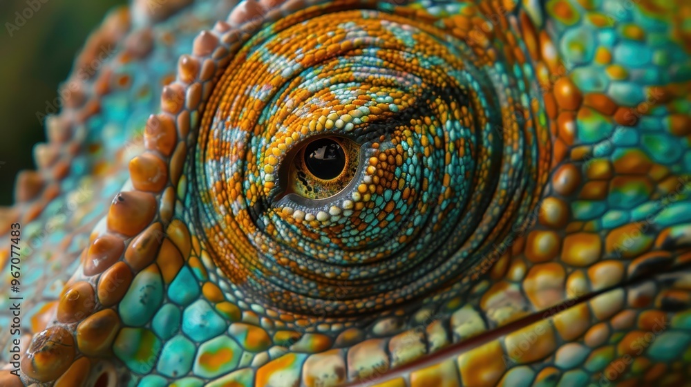 Obraz premium Close-up of a chameleon's eye, showcasing its unique texture and vibrant colors.