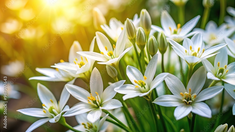White Ornithogalum flowers growing in shadow with shallow depth of field White Ornithogalum flowers growing in shadow with shallow depth of field