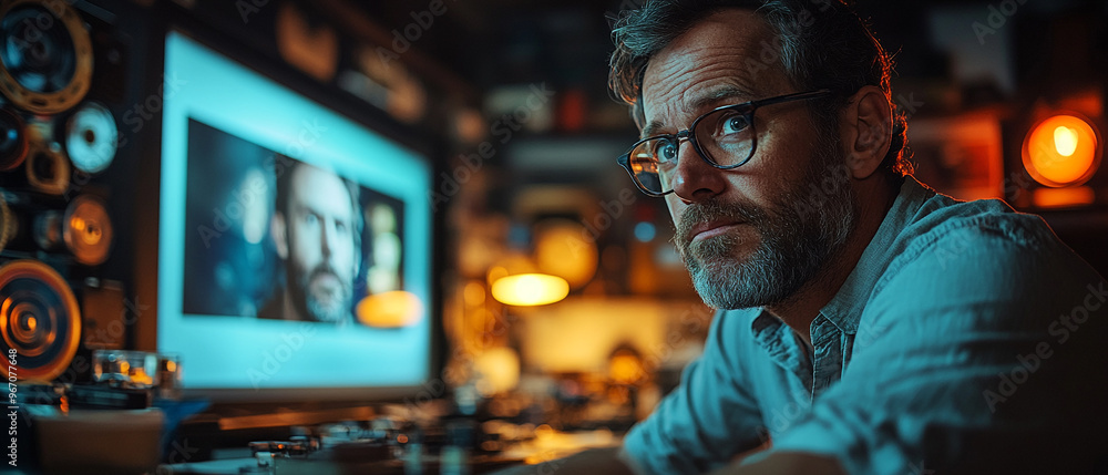 Focused man working on a computer in a dimly lit room, showcasing creativity and technology in a modern workspace. Focused man working on a computer in a dimly lit room, showcasing creativity and technology in a modern workspace.