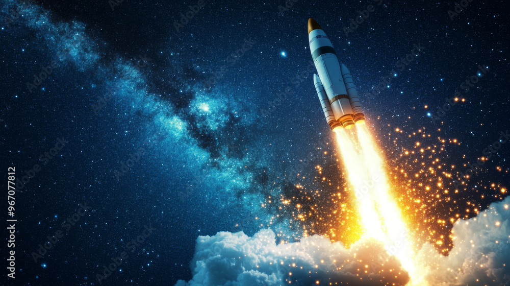 Obraz premium A powerful rocket ship soars through starry sky, leaving trail of bright flames and sparks as it ascends into cosmos. vastness of space surrounds it, creating sense of wonder and adventure
