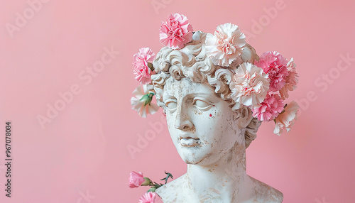 Antique bust of woman with carnations bouquet