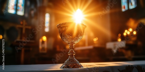 A communion chalice glowing with divine light, set on an altar