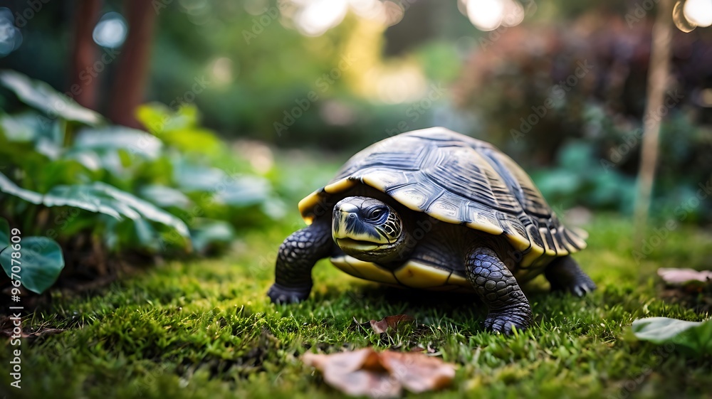 A Turtle Walking on Green Grass, A Detailed View of its Shell A Turtle Walking on Green Grass, A Detailed View of its Shell