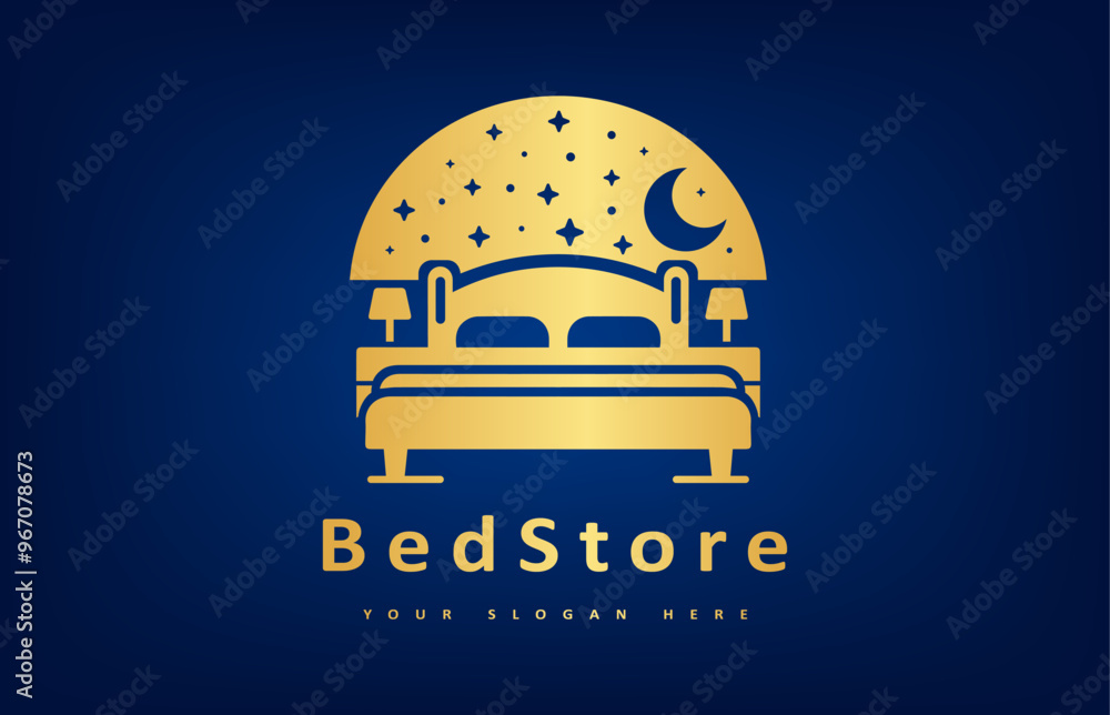 Fototapeta premium Bed store logo. Bed with pillows, stars and the moon logo vector design. The night sky.