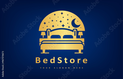 Bed store logo. Bed with pillows, stars and the moon logo vector design. The night sky.