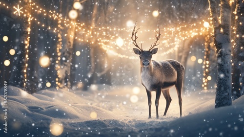 A majestic reindeer stands in a snowy forest, illuminated by warm string lights, creating a magical winter scene.