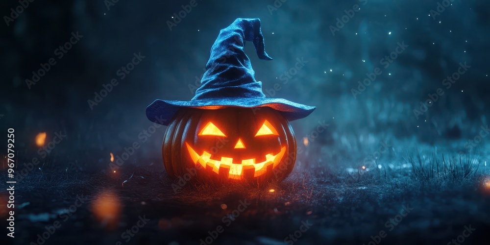 Fototapeta premium A glowing pumpkin wearing a witch's hat under a dark, starry night