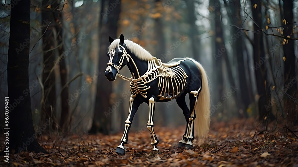 Skeleton Horse Walking Through Autumn Forest, Spooky Halloween Decor Skeleton Horse Walking Through Autumn Forest, Spooky Halloween Decor