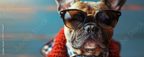 Cool French bulldog wearing sunglasses and a scarf.
